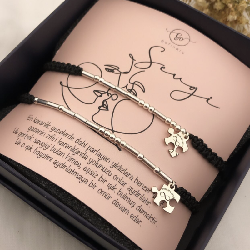 925 Ayar Gümüş Mors Bileklik Puzzle Plakalı (İki Adet)