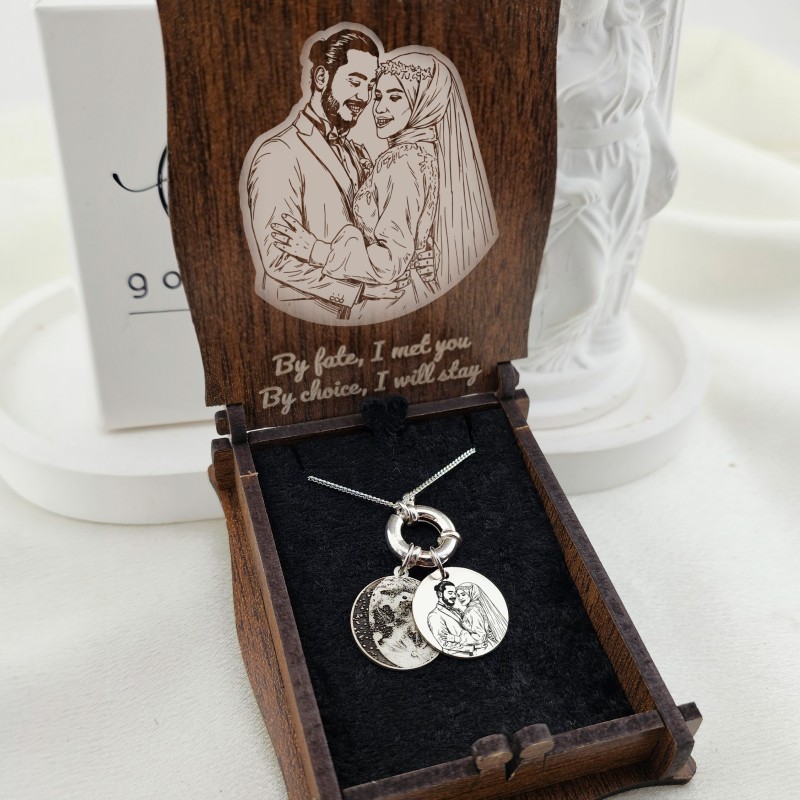 925 Ayar Gümüş Ay Evresi ve Fotoğraf kolye (Tarihe Özel)
