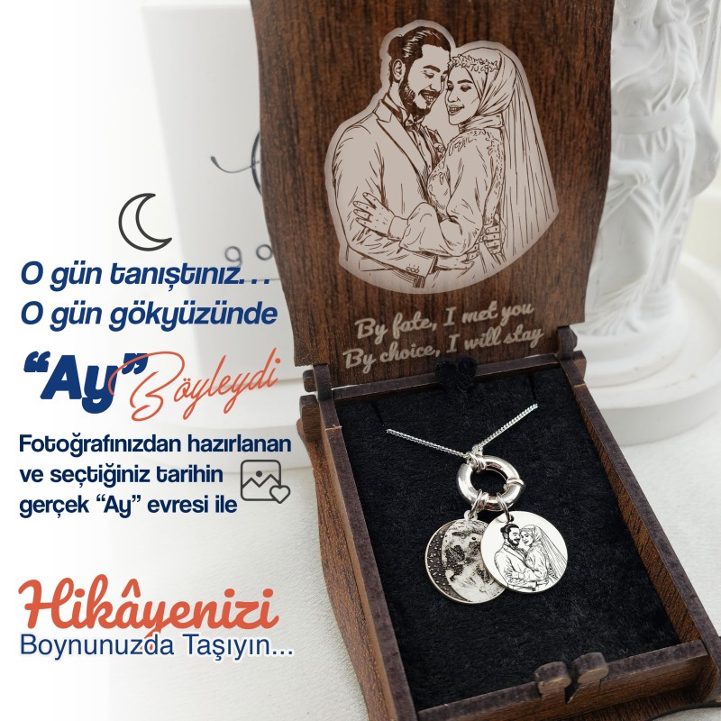 925 Ayar Gümüş Ay Evresi ve Fotoğraf kolye (Tarihe Özel)