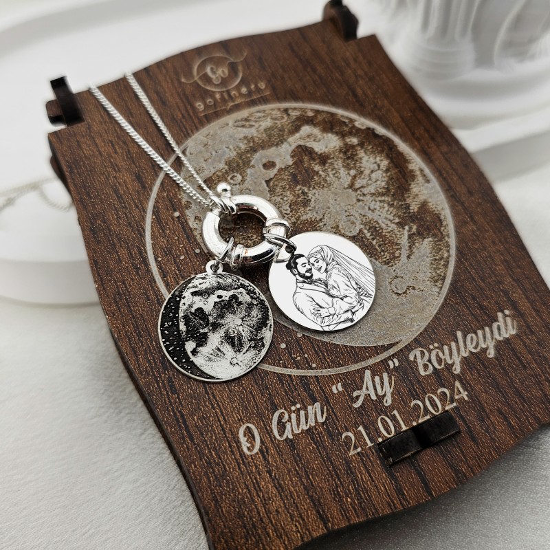 925 Ayar Gümüş Ay Evresi ve Fotoğraf kolye (Tarihe Özel)