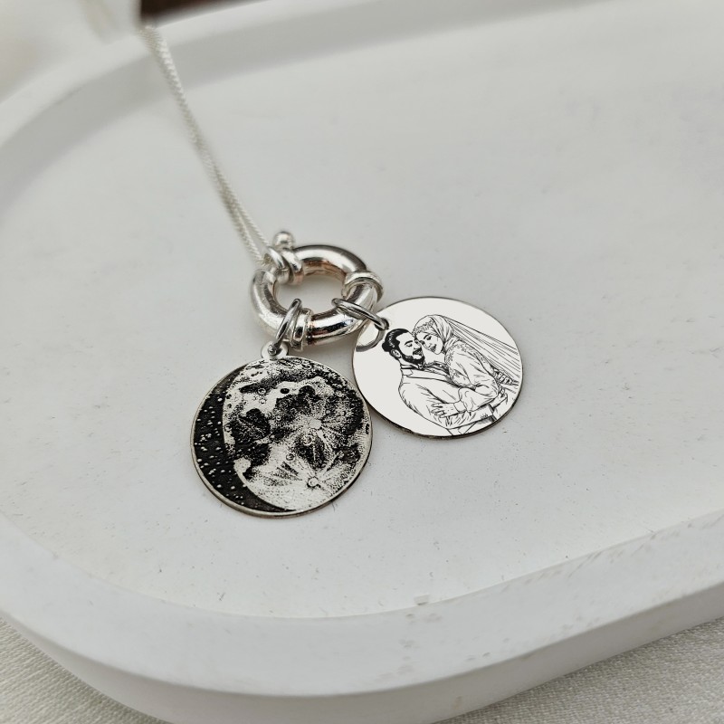 925 Ayar Gümüş Ay Evresi ve Fotoğraf kolye (Tarihe Özel)