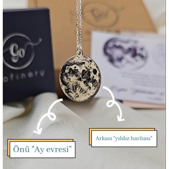 925 Ayar Gümüş Ay ve Yıldız haritası kolye  (Tarihe Özel)