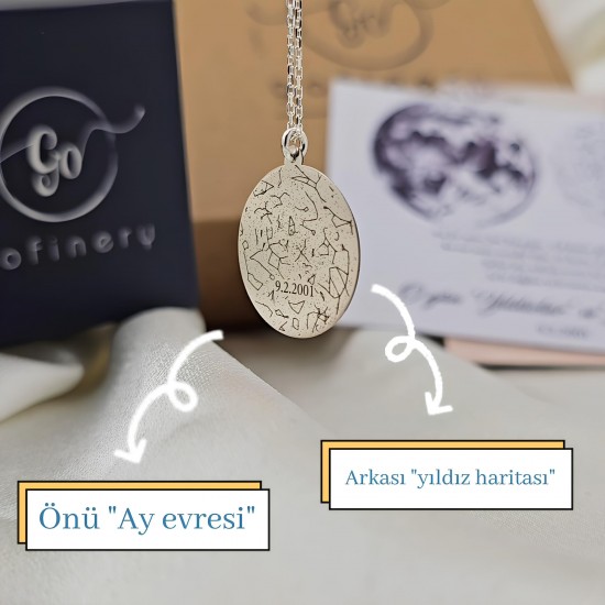 925 Ayar Gümüş Ay ve Yıldız haritası kolye  (Tarihe Özel)