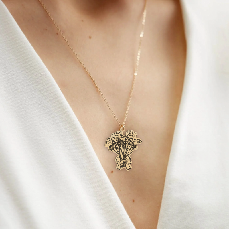 925 Ayar Gümüş Buket kolye,kesimli  isime özel çiçek Kolye