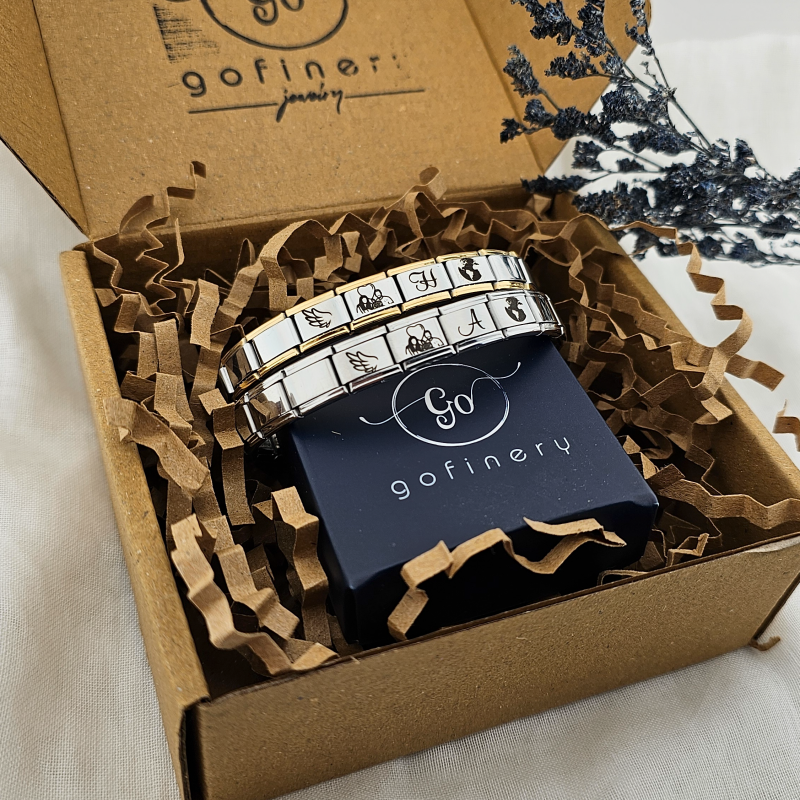 İtalyan 2 Adet Çelik Bileklik, Altın renk - Gümüş renk (Kişiselleştirilebilir)