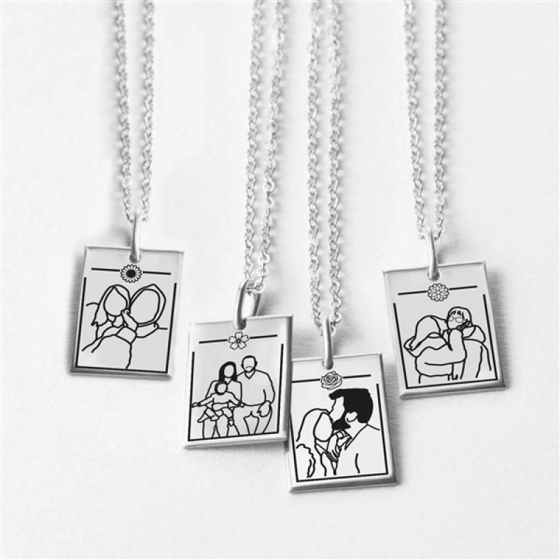 925 Ayar Gümüş Çerçeveli Kişiye Özel Çizgisel Kolye V3