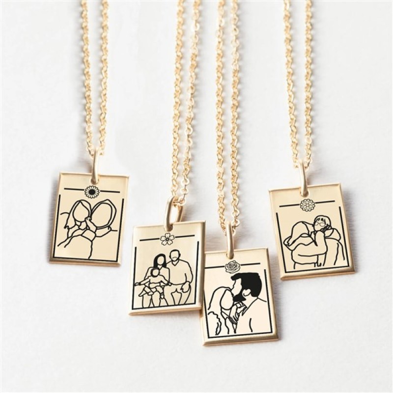 925 Ayar Gümüş Çerçeveli Kişiye Özel Çizgisel Kolye V3