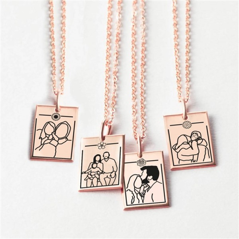 925 Ayar Gümüş Çerçeveli Kişiye Özel Çizgisel Kolye V3