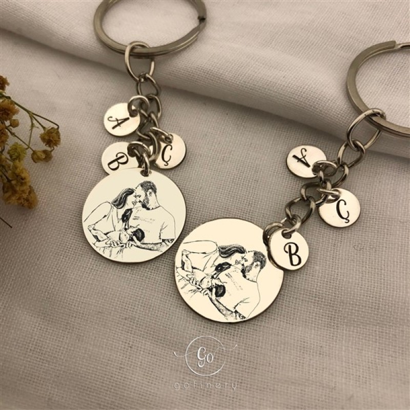 925 Ayar Gümüş Fotoğraflı 3 Harfli Anahtarlık (2 Adet )