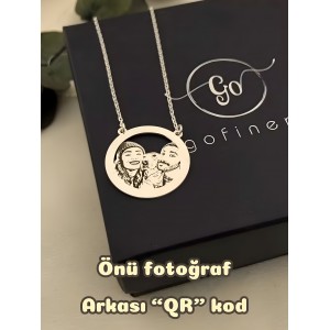 925 Ayar Gümüş  Fotoğraflı Kolye arkası qr kod kolye (2.5cm plaka)